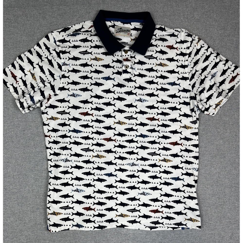 Landshark Polo Shirt Mens‎ XL White Shark Print 100% Cotton Beach Vacation Golf